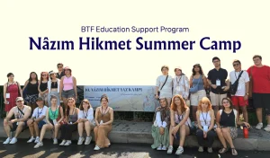 Group of participants posing together at the 10th Nâzım Hikmet Summer Camp in Büyükada, Istanbul.