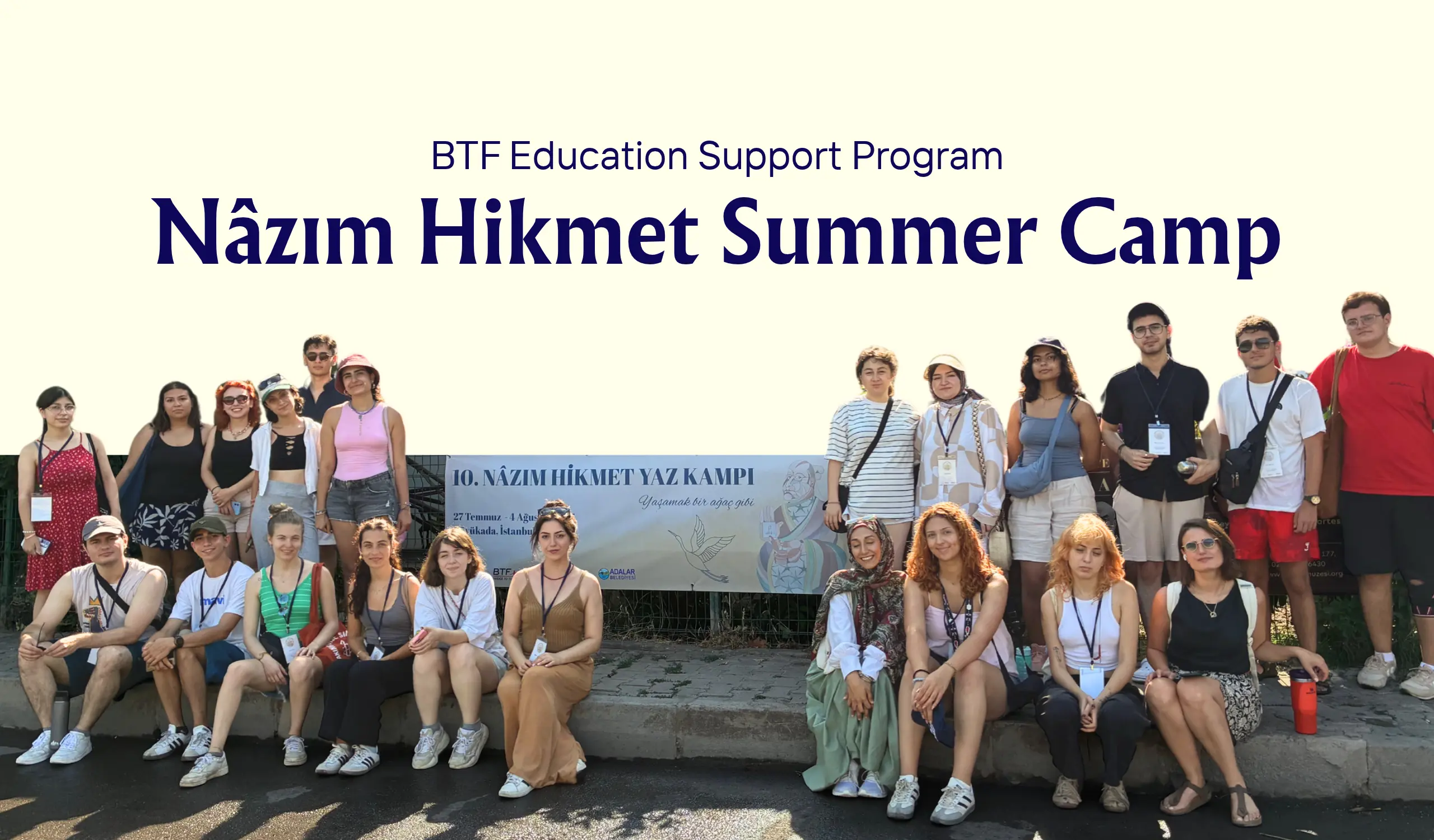Group of participants posing together at the 10th Nâzım Hikmet Summer Camp in Büyükada, Istanbul.